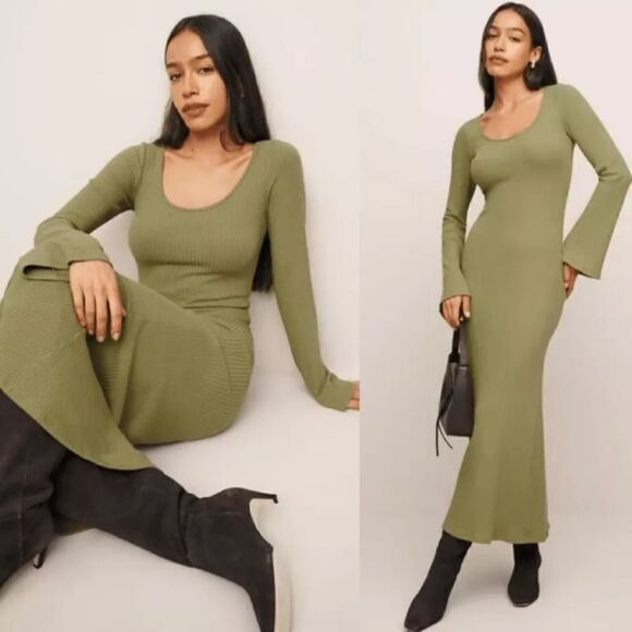Reformation Dresses & Skirts - NWT Reformation Wrenley Knit Midi Green Sweater Dress Bodycon Size S
